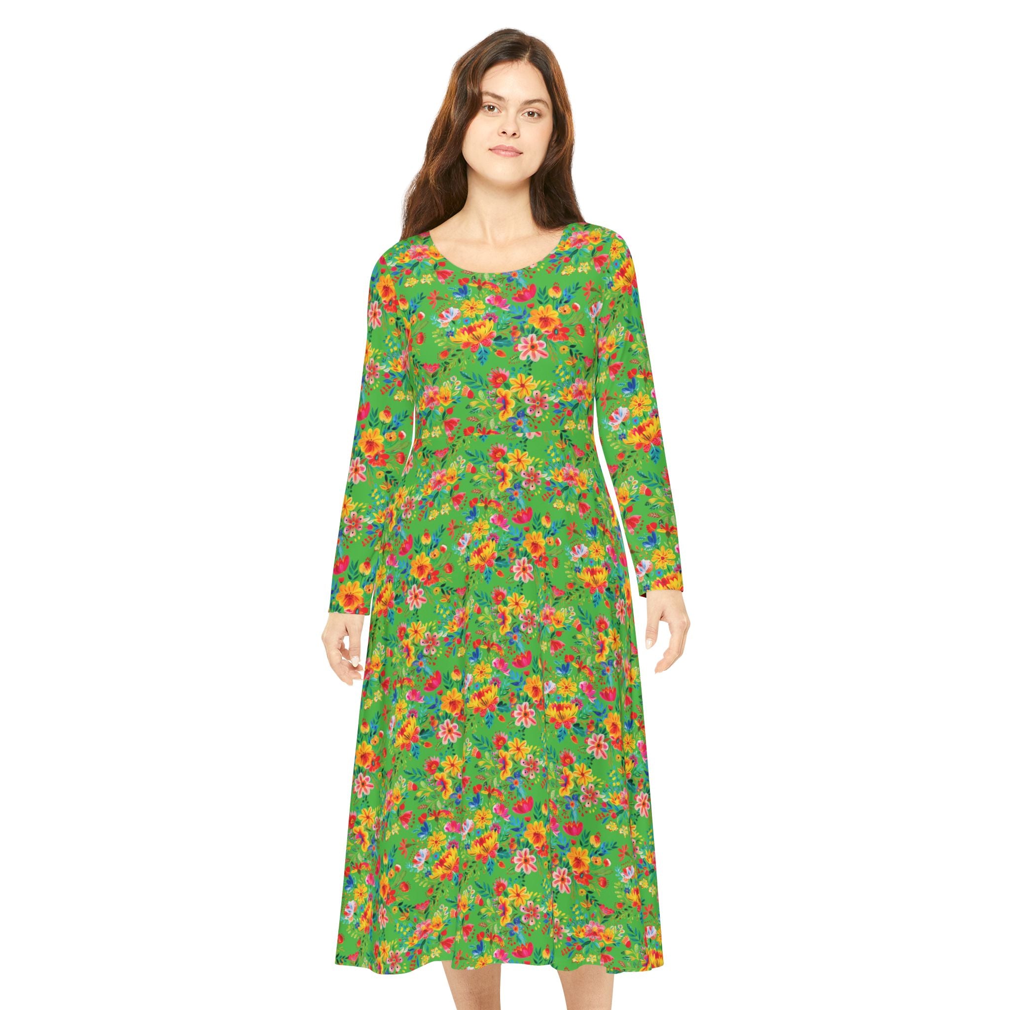 Elegant Women's Long Sleeve Dance Dress - Bright Bold Watercolors Flowers - Lime Green