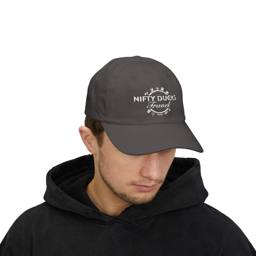 Nifty Ducks Travel Logo Classic Dad Cap - White Logo - Perfect for Adventurers