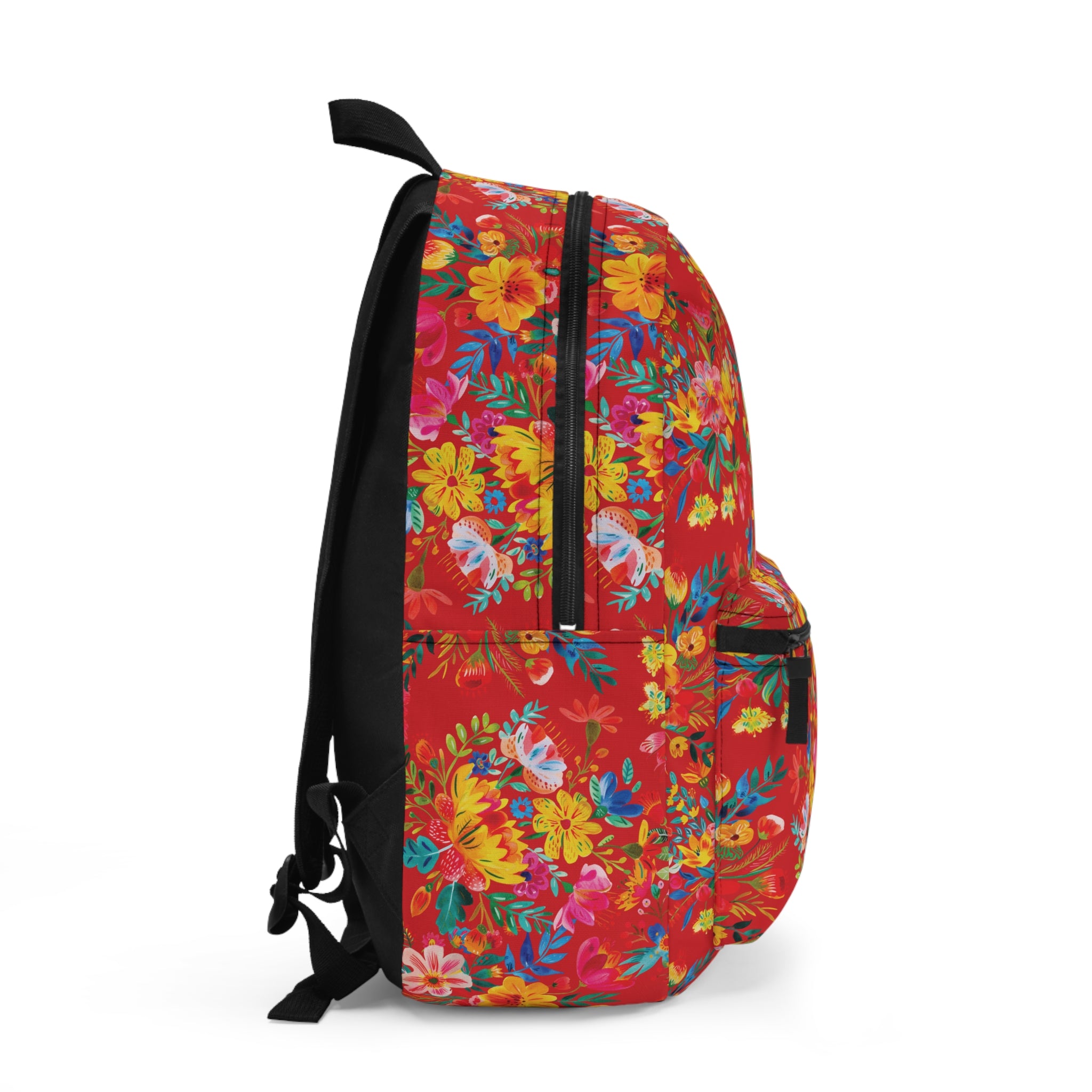 Bright Watercolor Flowers Backpack - Travel Bag with Black Duck Design - Scarlet