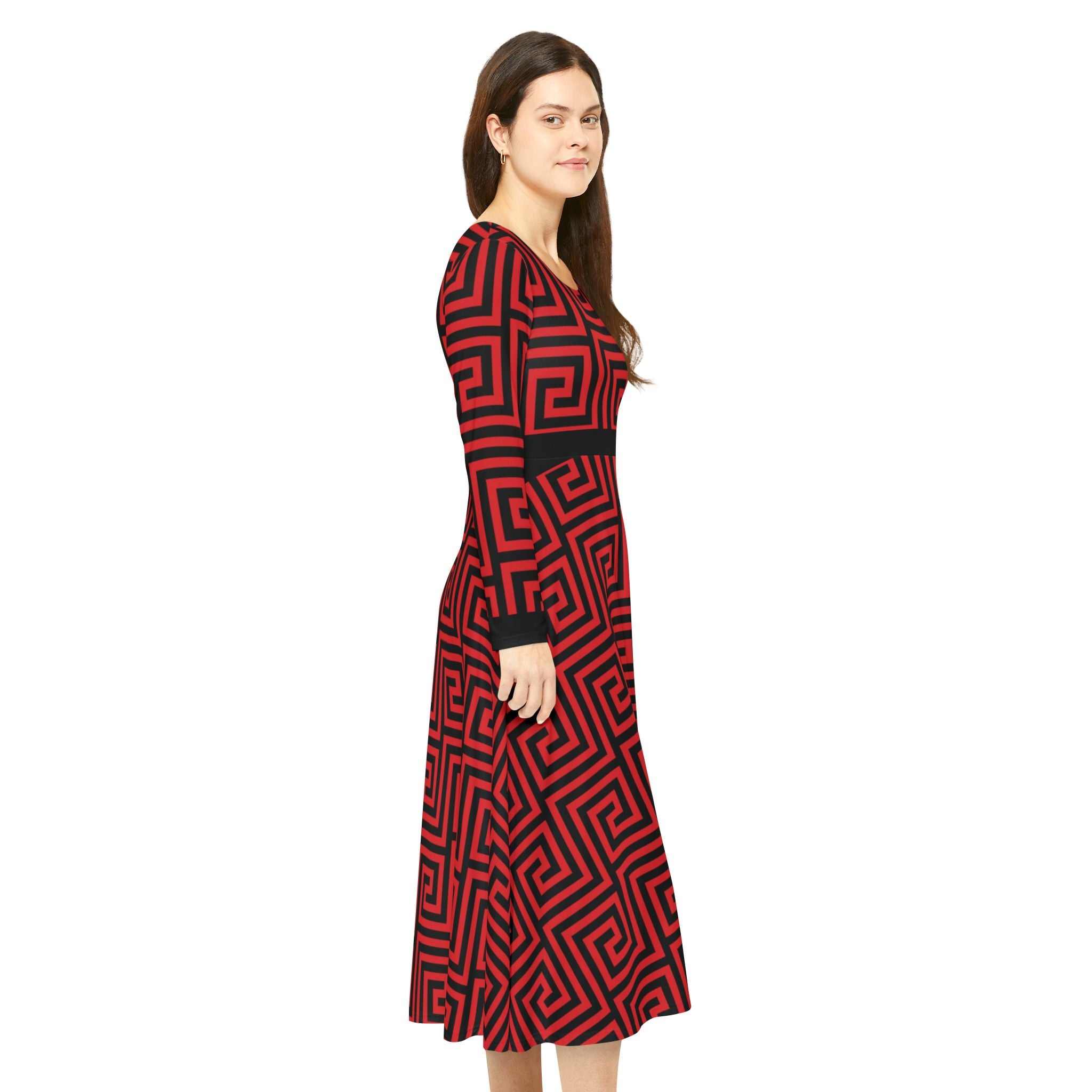 Elegant Women's Long Sleeve Dance Dress - Red & Black Geometric Pattern