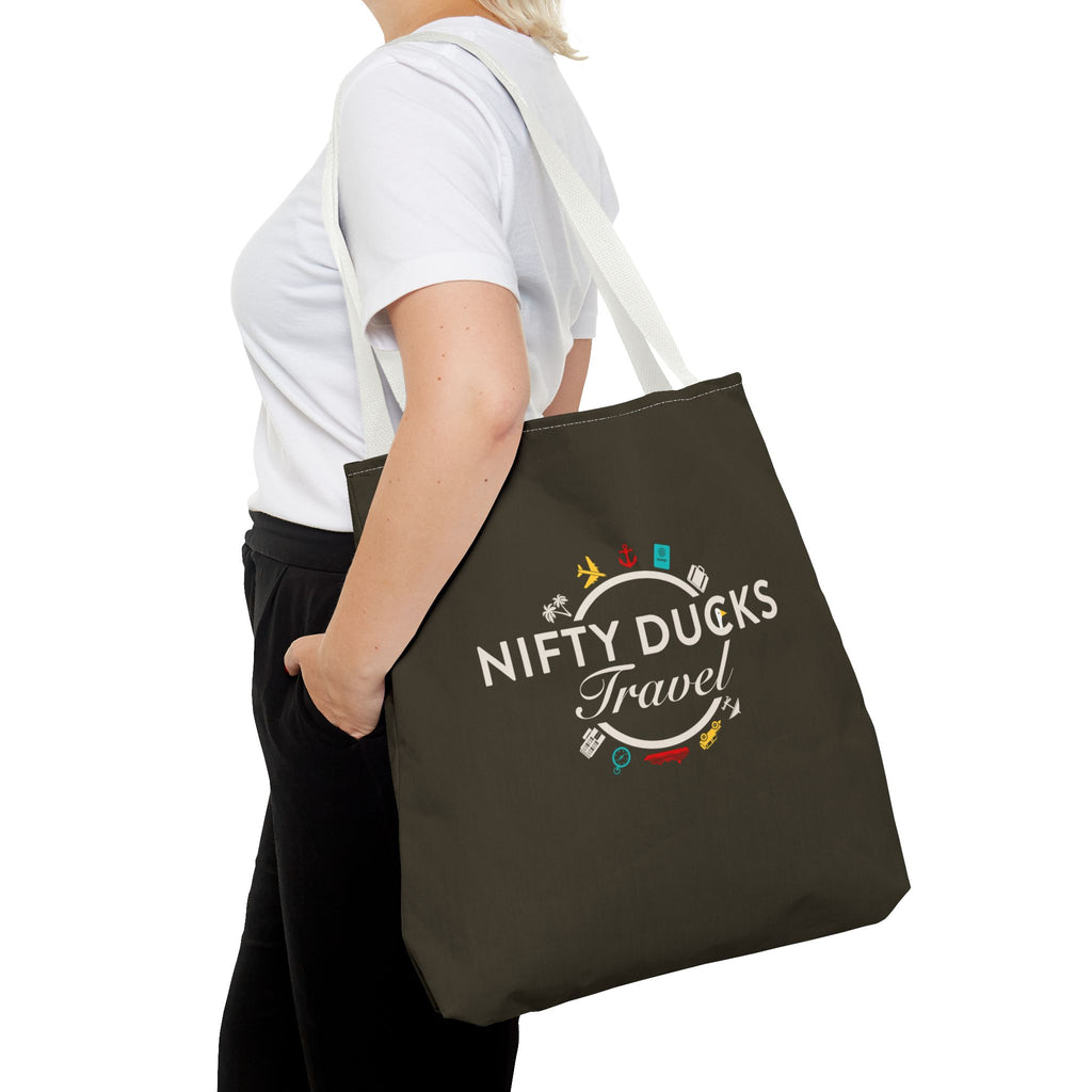 Nifty Ducks Travel Logo - Travel Tote Bag - Signature Brown Background - Beach & Weekend Carryall