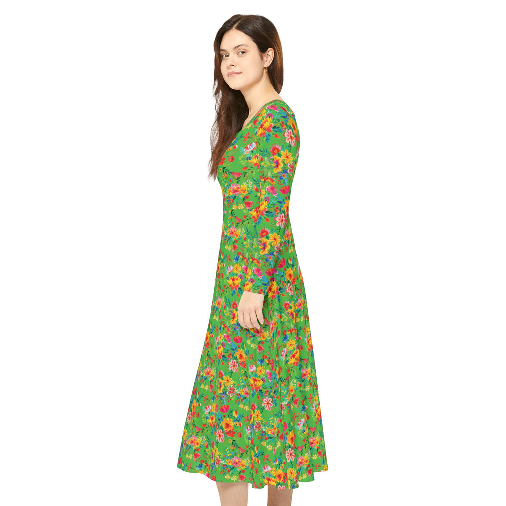 Elegant Women's Long Sleeve Dance Dress - Bright Bold Watercolors Flowers - Lime Green
