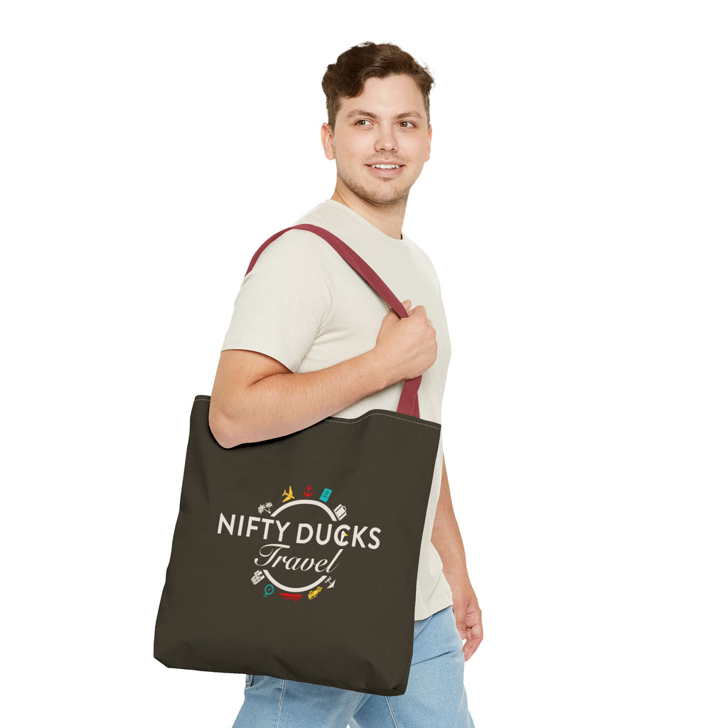 Nifty Ducks Travel Logo - Travel Tote Bag - Signature Brown Background - Beach & Weekend Carryall