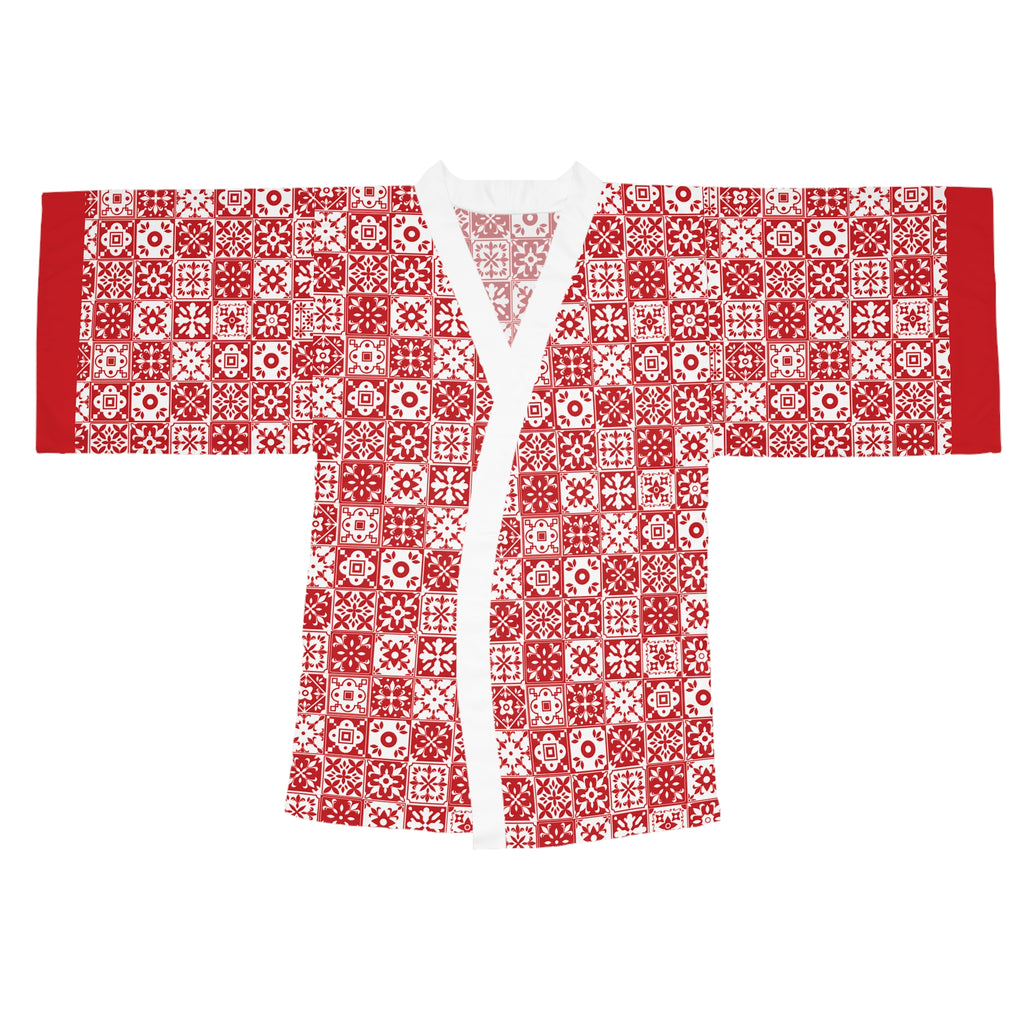 Mediterraneo Mosaic - Red  - Big Print - Long Sleeve Kimono Robe - Chic Loungewear, Spa Outfit, Gift for Her, Inner Peace, Home Comfort