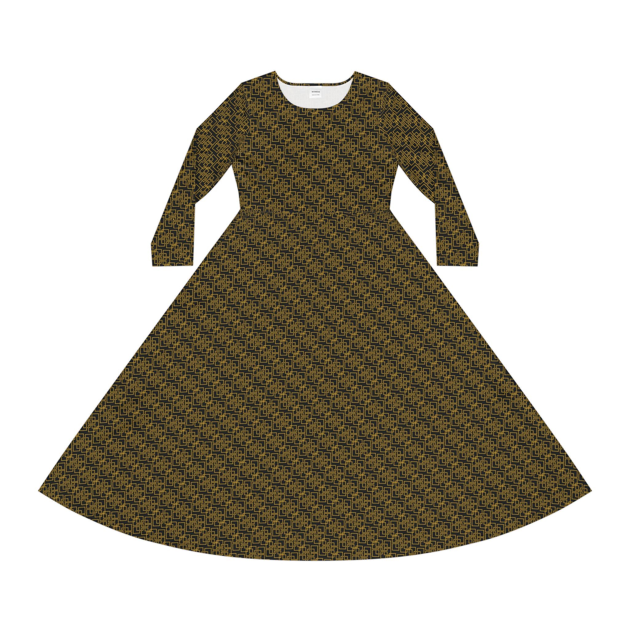 Linea Moda - Black - Gold - Elegant Women's Long Sleeve Dance Dress