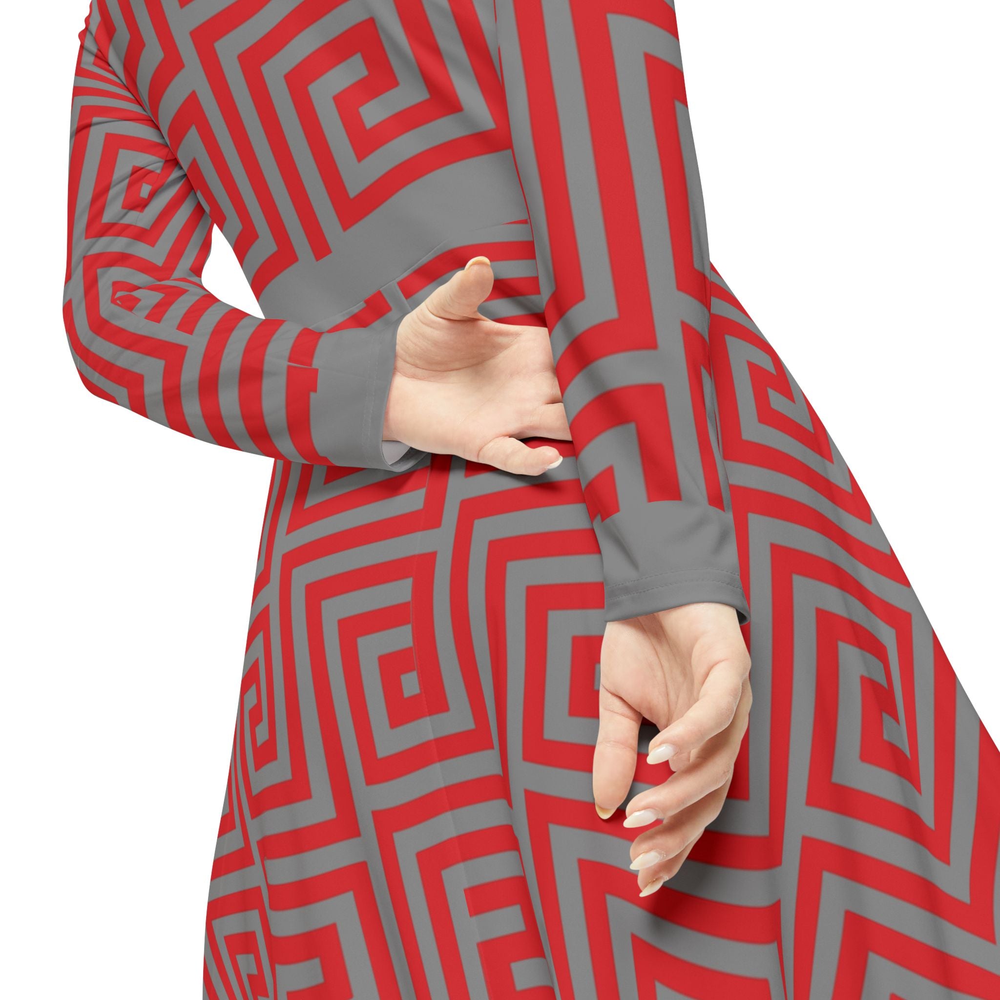 Elegant Women's Long Sleeve Dance Dress - Red & Gray Geometric Pattern