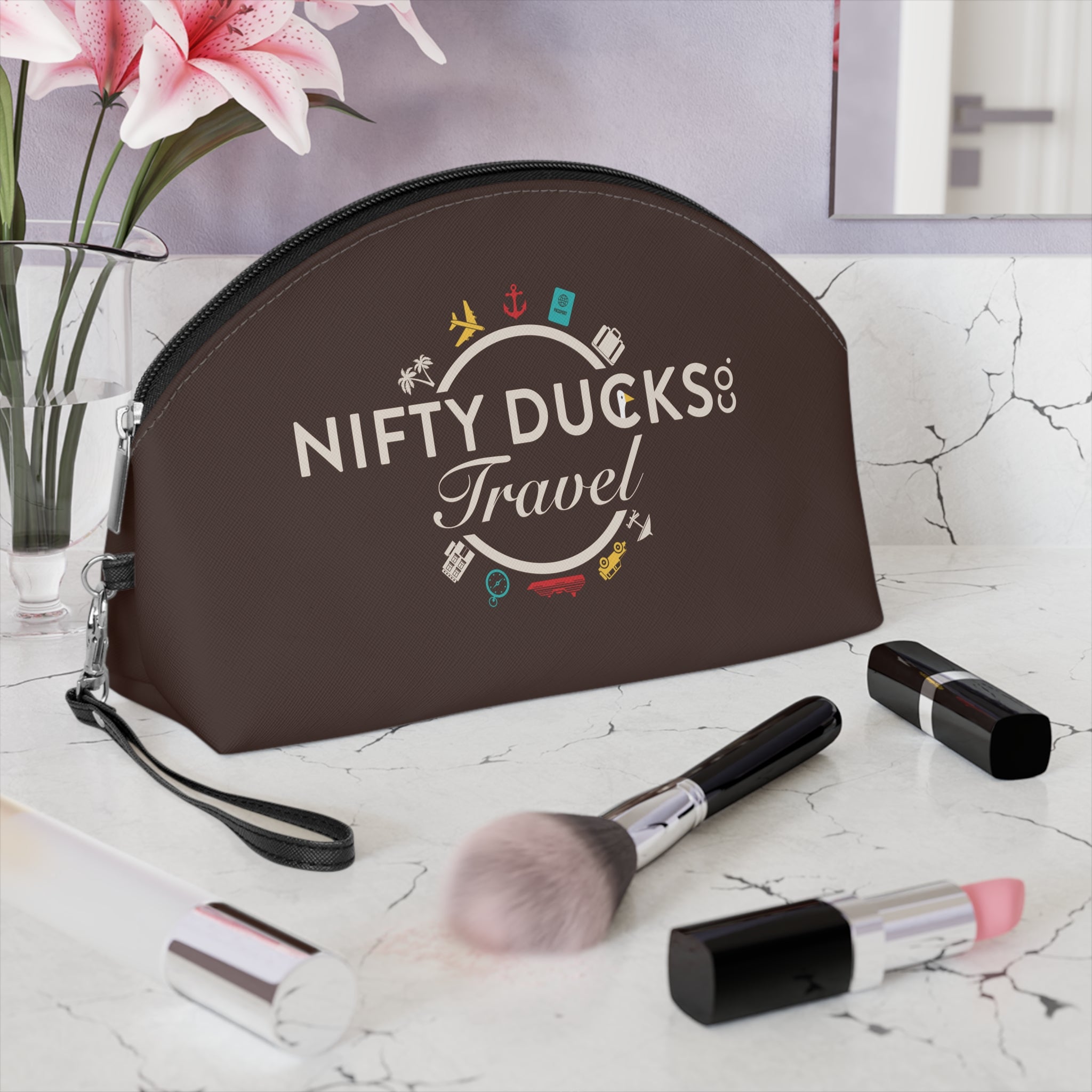Nifty Ducks Travel Logo - Makeup Bag - Fun & Functional Travel Accessory - Espresso