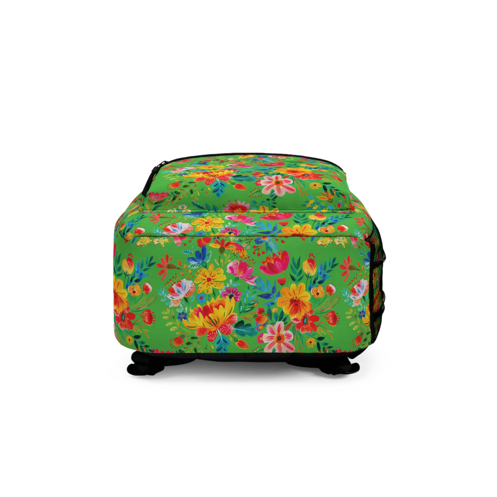 Bright Watercolor Flowers Backpack - Travel Bag with Black Duck Design - Lime Green