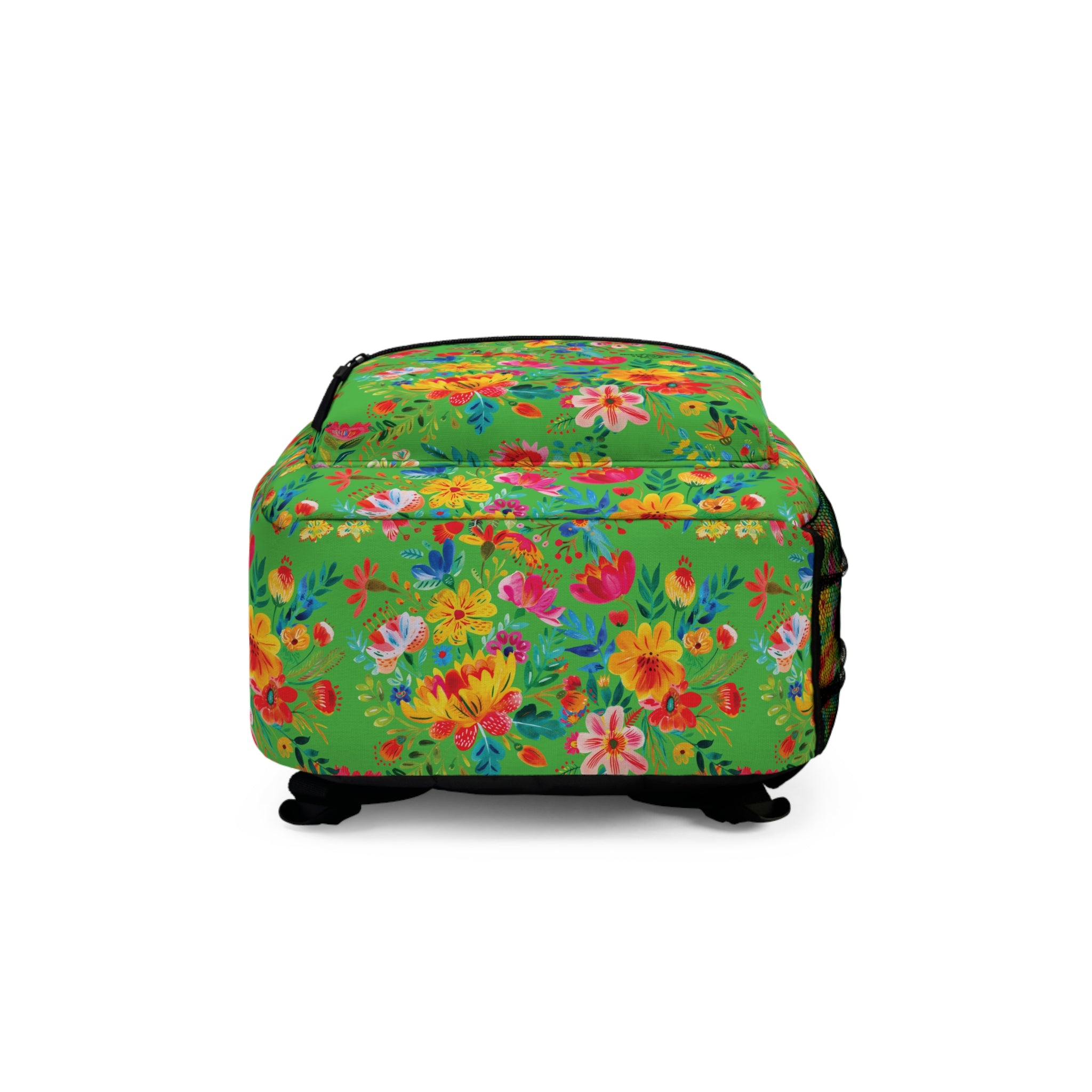 Bright Watercolor Flowers Backpack - Travel Bag with Black Duck Design - Lime Green