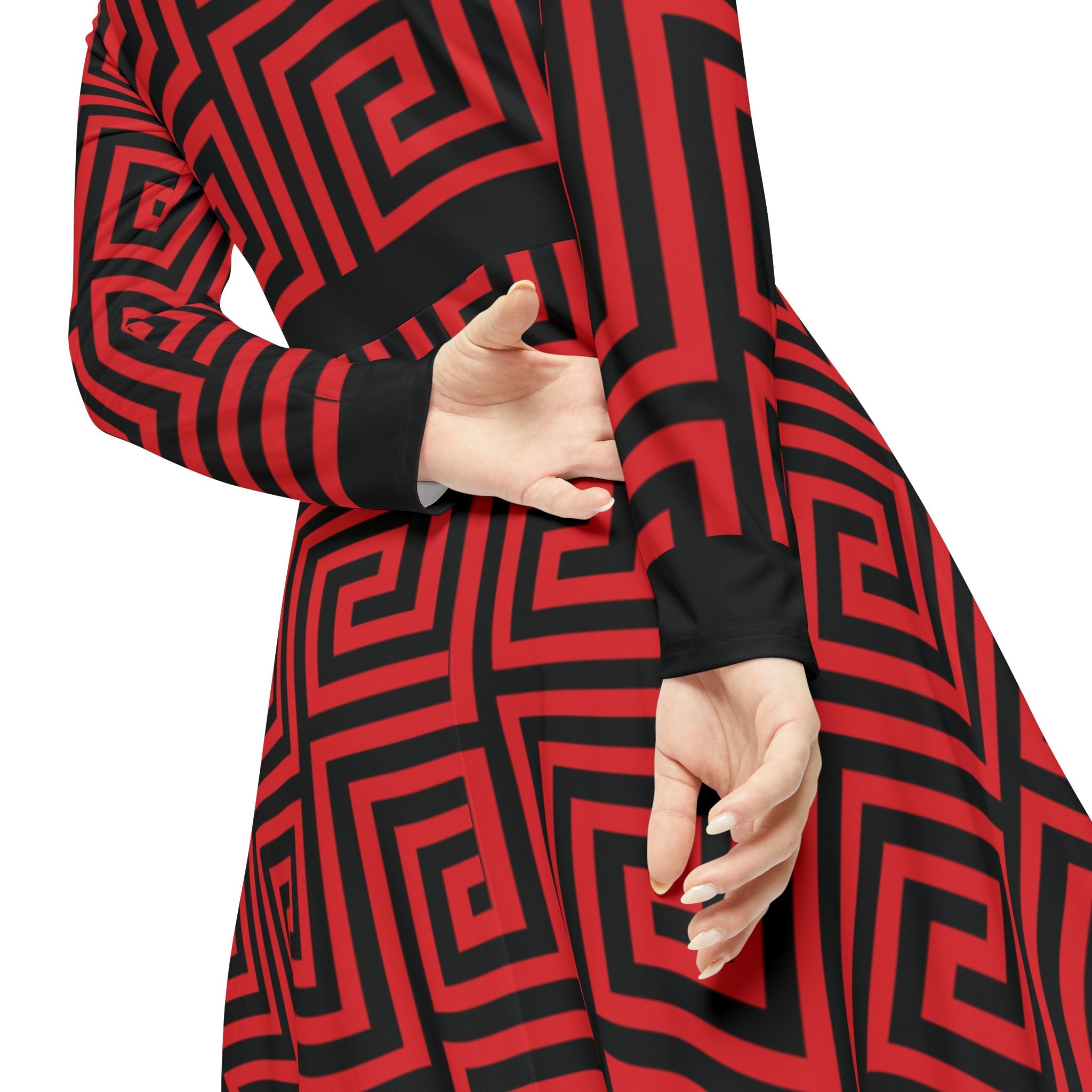 Elegant Women's Long Sleeve Dance Dress - Red & Black Geometric Pattern