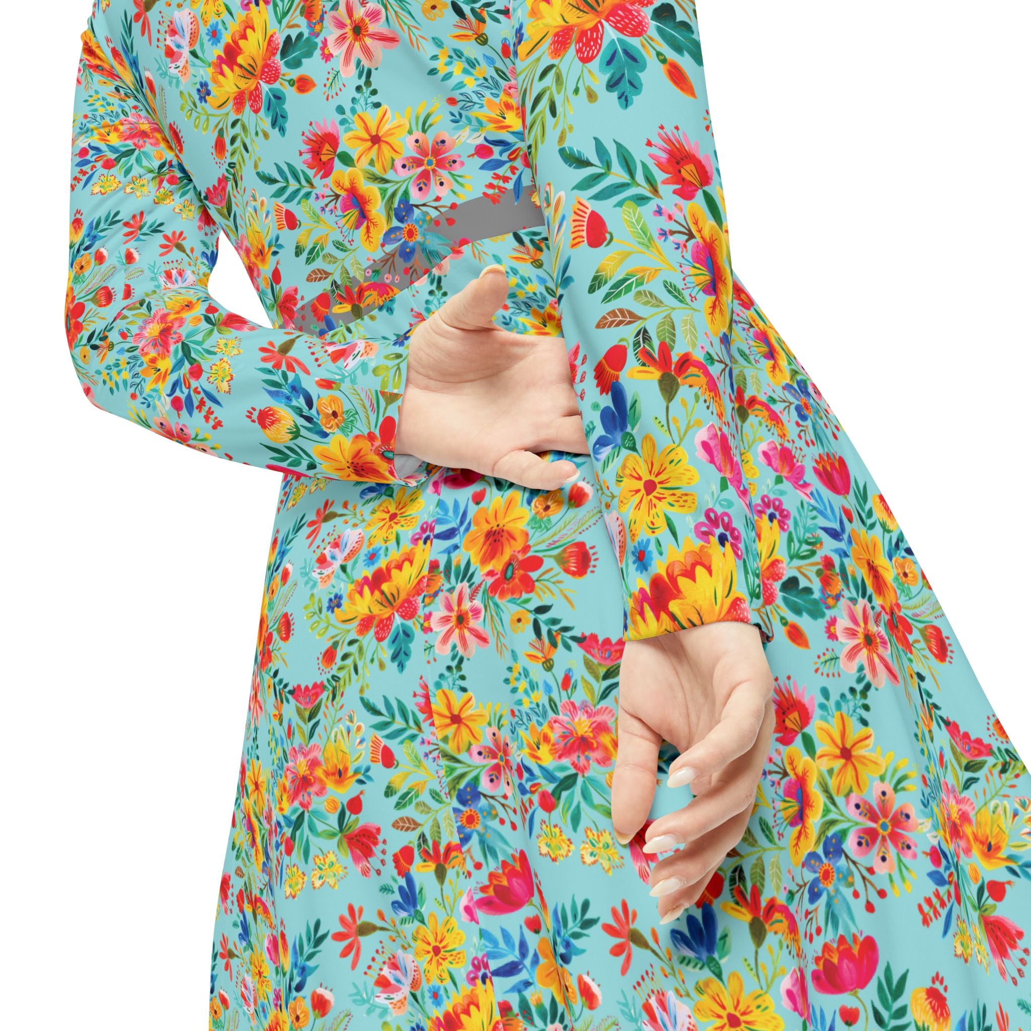 Elegant Women's Long Sleeve Dance Dress - Bright Bold Watercolors Flowers - Electric Blue