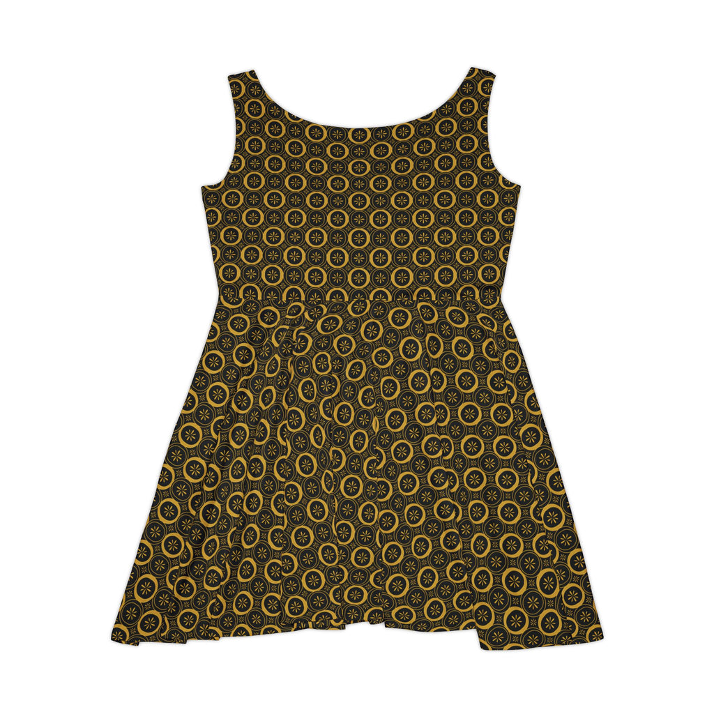 Solaris - Gold - Black - Skater Dress, Stylish Summer Dress, Casual Party Outfit, Unique Gift for Her, Fun Dress for Festivals