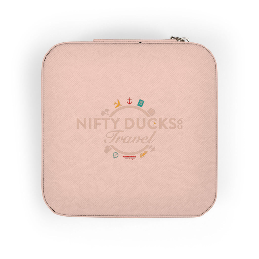 Nifty Ducks Co. Travel Logo - Compact Jewelry Travel Case – Pink Travel Organizer with Ring Rolls & Compartments