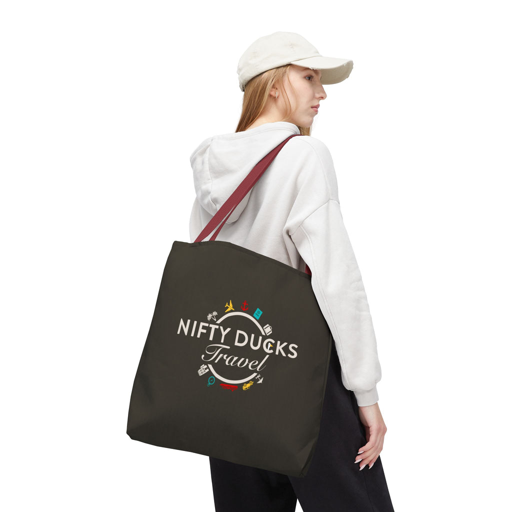Nifty Ducks Travel Logo - Travel Tote Bag - Signature Brown Background - Beach & Weekend Carryall