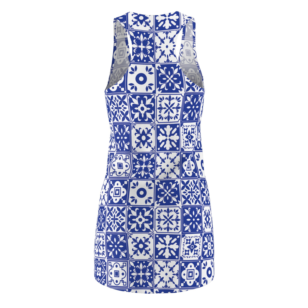 Mediterraneo Mosaic - Blue - Big Print -  Racerback Dress for Summer Fun, Beach Wear, Vacation Style, Party Outfit, Ladies Sundress