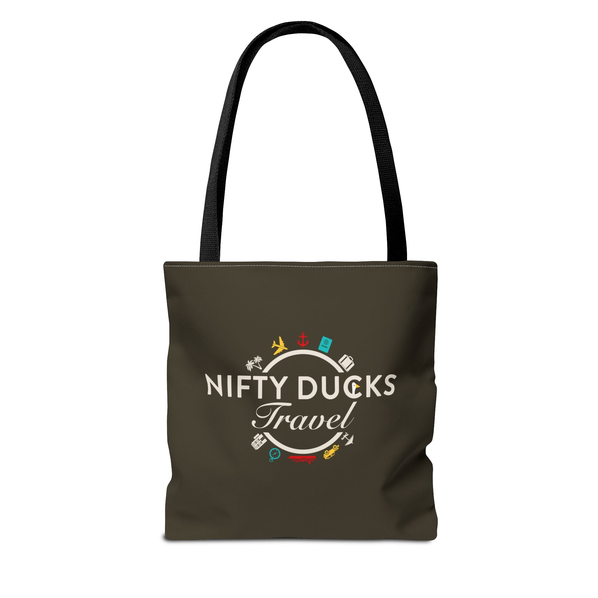 Nifty Ducks Travel Logo - Travel Tote Bag - Signature Brown Background - Beach & Weekend Carryall