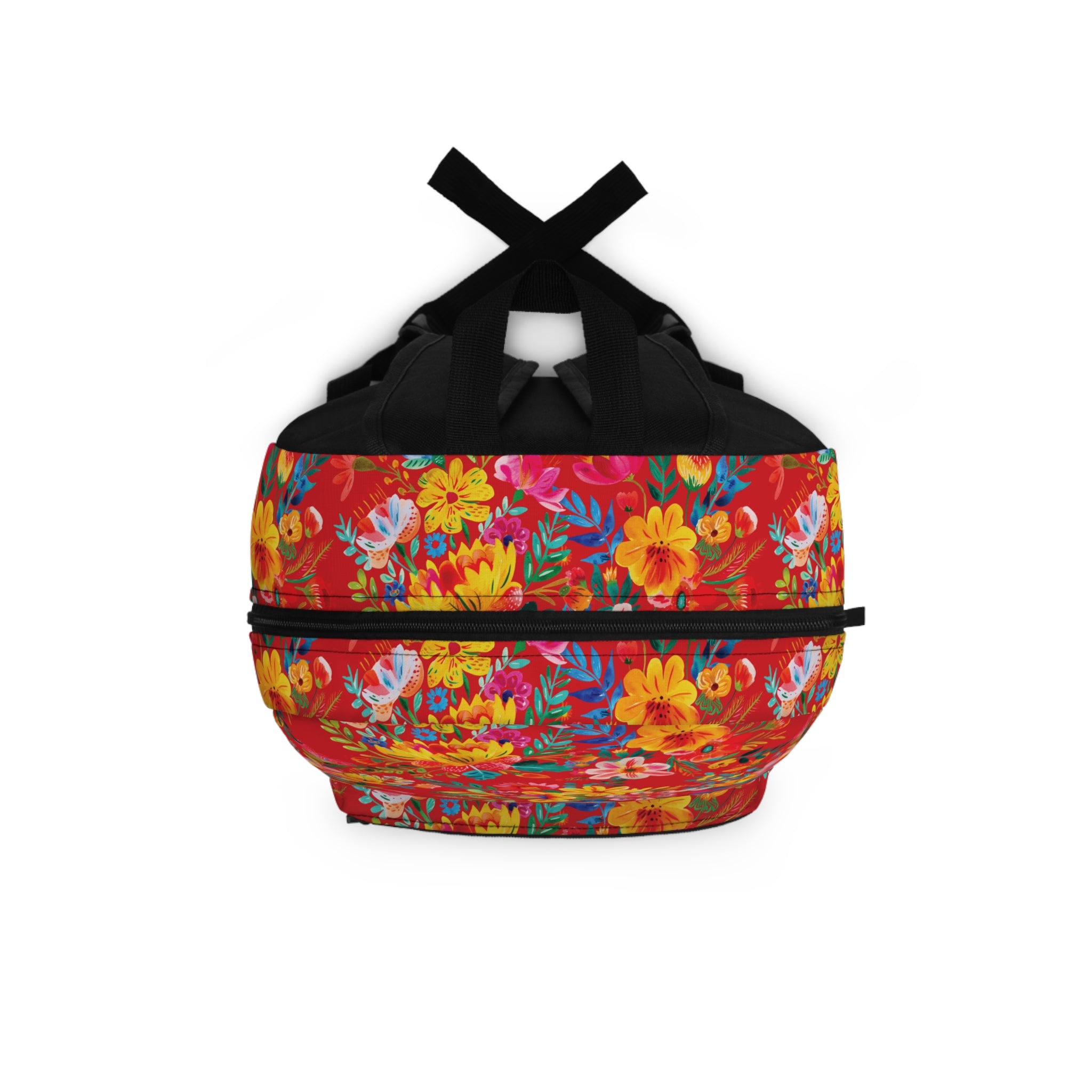 Bright Watercolor Flowers Backpack - Travel Bag with Black Duck Design - Scarlet