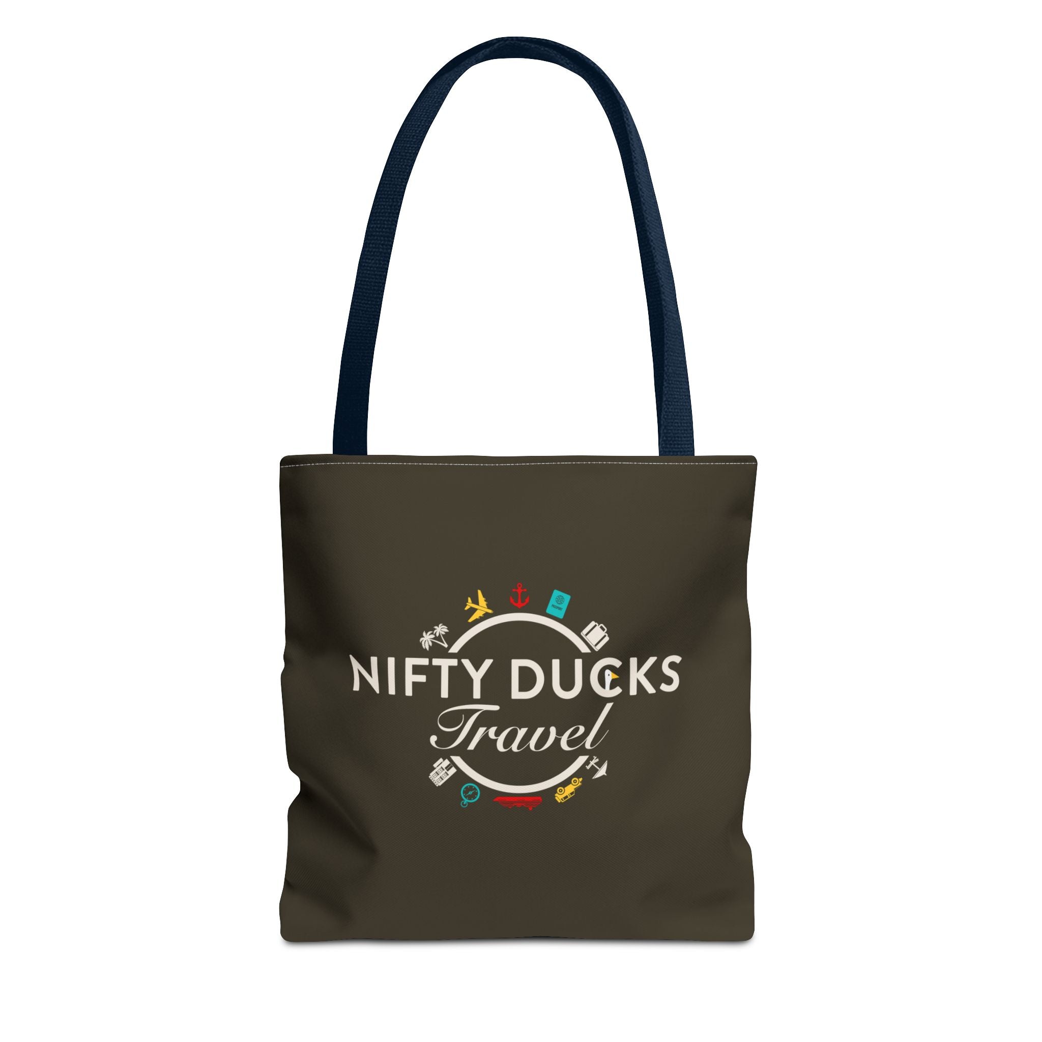 Nifty Ducks Travel Logo - Travel Tote Bag - Signature Brown Background - Beach & Weekend Carryall