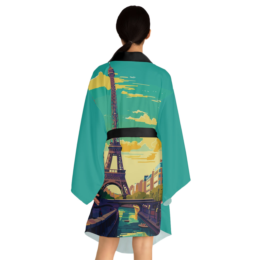 Cities and Landmarks - Eiffel Tower - Paris - Long Sleeve Kimono Robe - Chic Loungewear, Spa Outfit, Gift for Her, Inner Peace, Home Comfort
