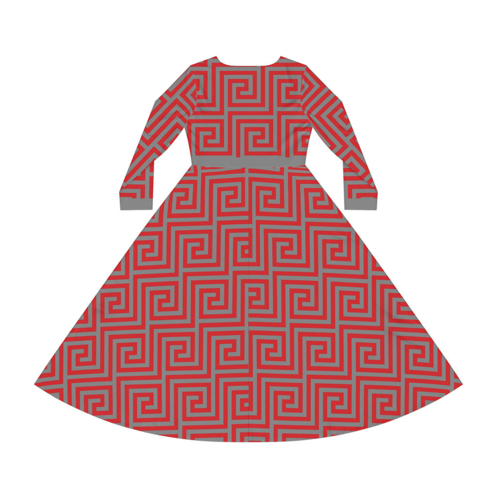Elegant Women's Long Sleeve Dance Dress - Red & Gray Geometric Pattern