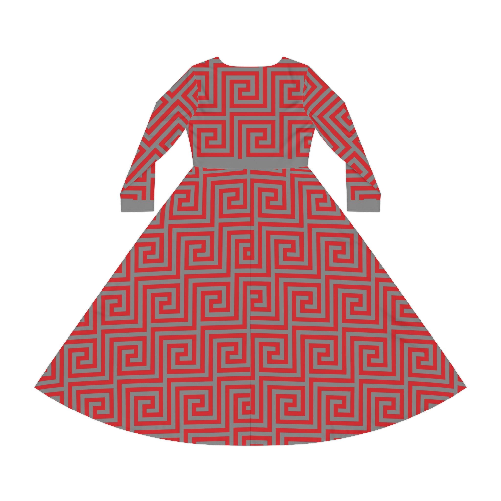 Elegant Women's Long Sleeve Dance Dress - Red & Gray Geometric Pattern